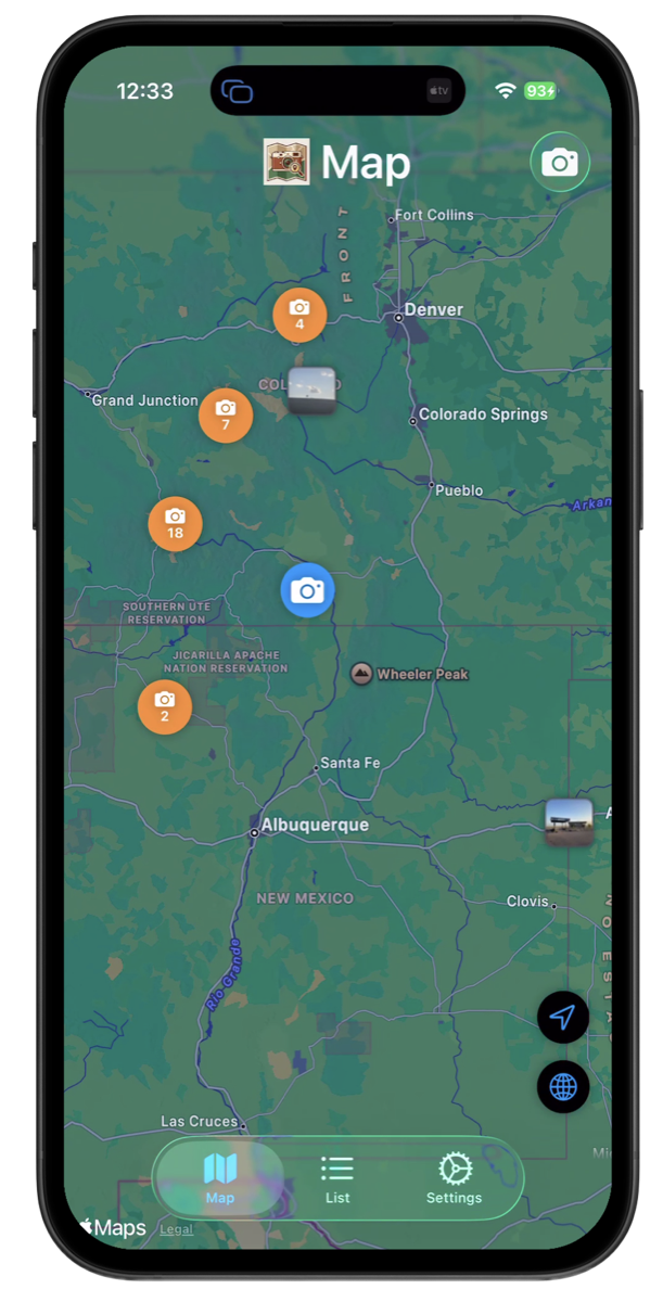 Photography location tracking app showing interactive map with GPS photo locations, landscape photography spots, and astrophotography sites